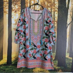 Women's XL Cover Up Dress W/ Birds Tucan Floral Bohemian Tassels Urban Cruise